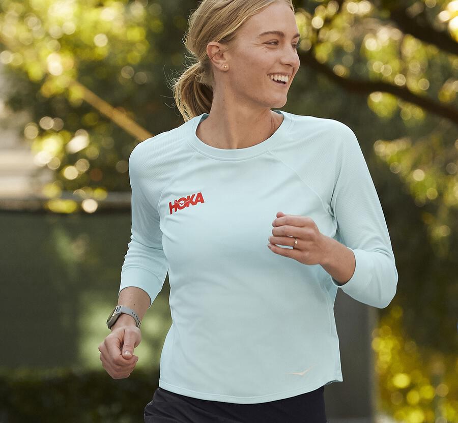 Hoka Australia One One Performance 3/4 Sleeve - Womens Tops Blue - SXUPC-2560